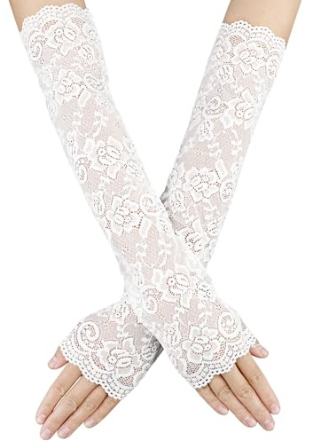Yolev Damen Fingerlose Handschuhe - Lange Netz Spitze 1920er Jahre Vintage Tee Party Braut Hochzeit Abend Kostüm Zubehör für Mädchen - Schwarz Weiß