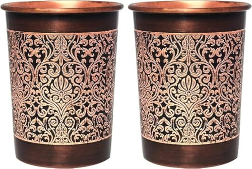 ANCIENTIMPEX Copper Tumbler Set of 2, Floral Pattern, 300 Ml (10.14 US Fluid Ounce) Capacity for Ayurveda Health Benefits