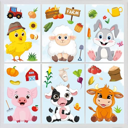 Whaline Fensteraufkleber, Motiv: Bauernhoftiere, niedliche Cartoon-Tiere, Fensteraufkleber, Küken, Schwein, Kuh, doppelseitig, Fensterdekoration für Kindergarten, Schule, Zuhause, Küche, Bauernhof,