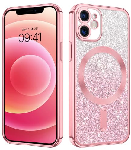 GUAGUA Magnetisch für iPhone 12 Mini Hülle, iPhone 12 Mini Handyhülle [Kompatibel mit MagSafe] Glitzer Schutzhülle mit Magnet Stoßfeste Kratzfeste Weiche TPU Schutzschale Case, (5,4'') Rosa