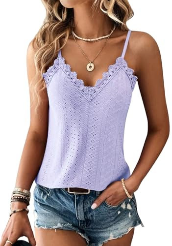 TrendiMax Damen Spitze Top Sommer V Ausschnitt Spaghetti Oberteile Ärmellose Shirt Sexy Cami Top (L, Helllila)