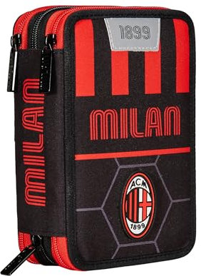 Seven Schulmäppchen mit 3 Fächern, A.C. Milan Fußball – Path of Victory, rot schwarz – Stiftehalter mit Mehreren Fächern mit Bleistiften, Stiften und Farben, Mehrfarbig, Taglia Unica, Modern
