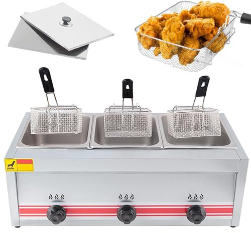 levigationlu Electric Deep Fryer, 10L×3 Deep Fat Fryer, Commercial Stainless Steel Chip Fryer, Countertop Kitchen Frying Machine, With Baskets Lids, Easy Clean