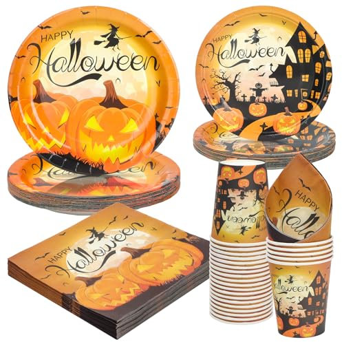 PARTY GO 125PCS Happy Halloween Party Geschirr Set Halloween Kürbis Pappteller Servietten Tassen Halloween Einweggeschirr Set Kürbis Tischdekoration für Hallowen Partydekoration Service 25 Gäste