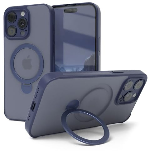 EAZY CASE - MagSafe Handyhülle für iPhone 15 Pro Max kompatibel mit MagSafe Hülle mit Ständer kompatibel mit iPhone 15 Pro Max Hülle mit 360° Ring & Magnetfunktion zum Aufstellen Cover Nacht Blau