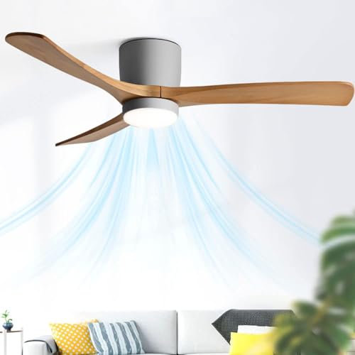 Nordic Style 36in Dimmable LED Ceiling Fan Light with 6 Gear Wind Speed and Wooden Fan Blades for Living Room and Dining Room (Grey)