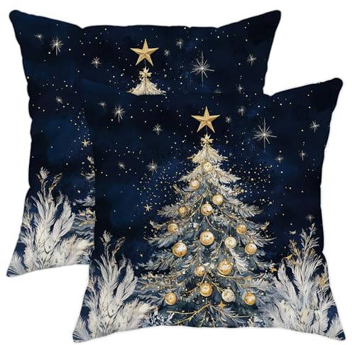 Christmas Tree Pillow Covers, Navy Blue Decorative Cushion Cases, Winter Holiday Xmas Home Decoration for Sofa Bedroom Living Room, Soft Velvet Throw Pillow Covers 18x18 Inch