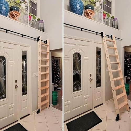 XEXENAMU Hardware-Kit für rollende Bibliotheksleitern, Teleskop-Bibliotheksleiter-Schiene mit Rädern, vielseitig einsetzbar für Dachbodentreppen/Bücherregale, schwarzes Schienenverlängerung