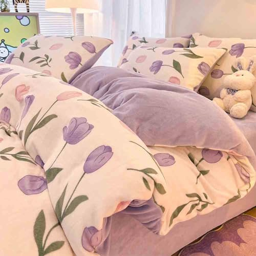 Morbuy Plüsch Bettwäsche Winter Warme Flanell Flauschig Bettbezug mit Reißverschluss, Süßes Muster Zweiseitige Fleece Bettbezug für Einzelbett ohne Kissenbezug (150x200cm,lila Tulpe)