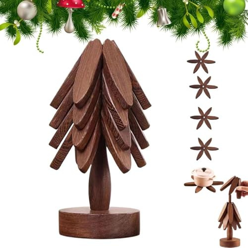 Untersetzer Baum Holz für Töpfe, dekoratives Servier- und Wohnaccessoire, praktisches Geschenk für Küche, Einzug & Weihnachten (B-Walnuss-4 Untersetzer)