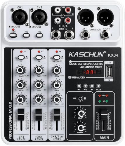 Kaschun 4 Channel Audio Mixer, Professional Bluetooth Mixing Desk with USB Recording Interface, 48V Phantom Power, Sound Mixer for Karaoke, Podcast, Streaming, PC Recording & Home Studio