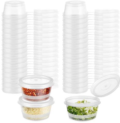 LDXDRU 150 Pack 100ml / 4oz Small Plastic Containers with Lids, Takeaway Containers with Lids, Leakproof Sauces Cups Mini Jelly Pots Clear Deli Pots for Jams Dips Salads Chutney Restaurants Catering