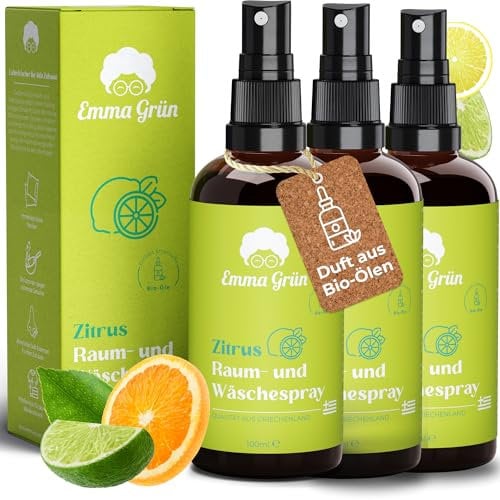 Emma Grün® Zitrus Raumspray 3x 100ml [BIO-QUALITÄT] - Zitrus Spray Geruchsneutralisierer & Textilerfrischer - Zitronen Raumspray - Zitronenöl & Orangenöl - Lufterfrischer für Autoduft & WC Duft