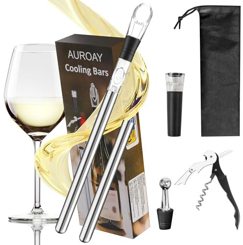 AUROAY Weinkühler Set, Flaschenkühler + Dekanter 7-in-1 Premium Wein Zubehör: Edelstahl Flaschen-Weinkühlstab + Dekantier-Belüfter + Ausgießer | Bar Geschenk
