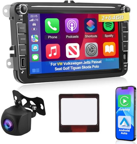 2G+64G Android Radio para Jetta VW Volkswagen Passat Seat Golf Ti-guan Skoda Polo con Wireless Carplay & Android Auto, Radio de Coche con Pantalla Táctil con Navegación GPS, Bluetooth, FM RDS