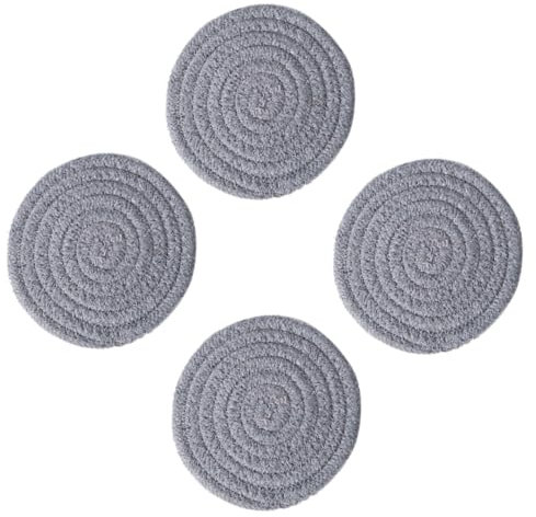 SECFOU Round Braided Woven Placemats and Coasters Small Size Cotton Heat Resistant Non-slip Table Mats Grey 4pcs Pack for Kitchen Dining Table