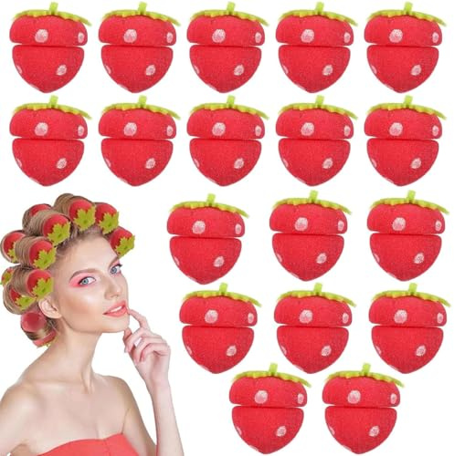 PYEUIFT 18 Stück Schwamm Lockenwickler, Schaum Haar Roller, Erdbeer Weiche Lockenwickler, Erdbeer Lockenwickler, Erdbeeren Schaumstoff Lockenwickler, für DIY Haar-Styling Salon Frisuren