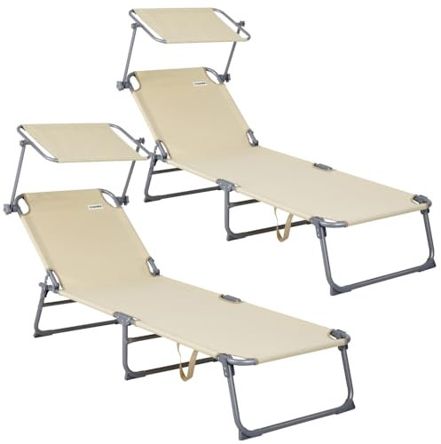 Casaria® 2er Set Sonnenliege Wetterfest Gartenliege Klappbar mit Dach 130kg Belastbar Tragegriff 2 Personen Garten Liegestuhl Strand Relaxliege Beige