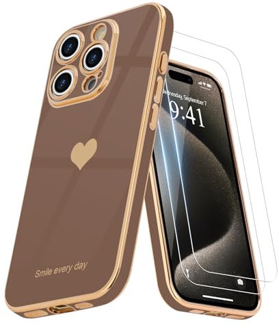 Teageo for iPhone 15 Pro Case with 2 Screen Protector Heart Pattern for Women Girls Luxury Bling Plating Soft TPU Anti-Scratch Shockproof Bumper Phone Case for iPhone 15 Pro, Desert Gold