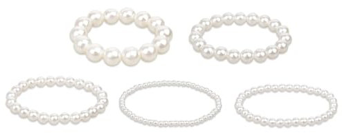 5 Stück Perlenarmband Damen Set – Weiß Elastisch Stretch – Kunstharz Perlen in 5 Größen – Elegantes Perlenarmband für Hochzeit, Party, Aufführung, Festliche Anlässe
