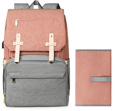 SONARIN Stilvolle Multifunktionale Baby Wickelrucksack Wickeltasche,Große Kapazität Wasserdicht Babytasche mit Wickelunterlage,Reise Mama Tasche mit Isolierten Flasche Taschen(Rosa+Grau)