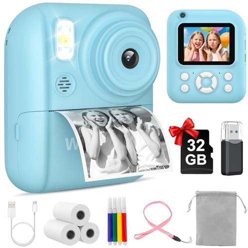 W & O Instant Print Camera for Kids, 2.5K UHD Instant Print Digital Camera with 2.6 LCD, 16X Zoom, Games, SD Card – Portable Thermal Printer Camera for Ages 3-12 (Blue)
