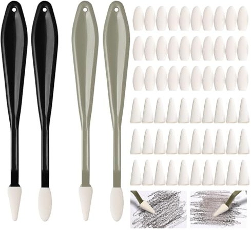 4 Pcs Handle Sketch Wiper with 60PCS Sponge Heads,Pastel Blending Tools Set,Drawing Pastel Blending Tools,Washable Blendings,Sketch Shadows Blend Tool for Student Artists Detail(Pointed,Round)