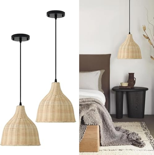 AroimRex Gewebte Rattan-Pendelleuchte Mini-Boho-Pendelleuchten Kücheninsel Bauernhaus natürliche Hängeleuchte mit handgewebtem Korbschirm für Schlafzimmer Foyer Bar Flur Kronleuchter(B Style)