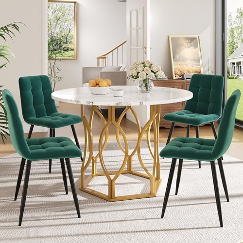 Gxffipw Essgruppe Esstisch mit 4 Stühlen Set für 4 Personen, Esstisch Rund 100x100x76 cm mit Goldenen Metallbeinen und 4 Grün Samt Esszimmerstühle, Weiße Tischplatte, Esszimmermöbel, Küchenmöbel