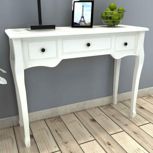 Frdhee Table d'appoint pour ordinateur portable, table d'appoint, coiffeuse, table console avec trois tiroirs, blanche, table basse pour café et ordinateur portable