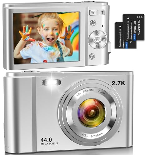 Digitalkamera für Kinder mit 32 GB Karte FHD 1080P 48MP Autofokus Point and Shoot Kamera mit 2 Batterien, 16X Zoom, kompakte kleine tragbare Kamera für Kinder Jugendliche (Silber)