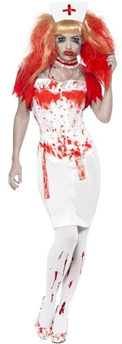 Smiffys Blood Drip Nurse Costume, White Skirt, Corset, Bolero Jacket, Choker and Headpiece, Halloween Zombie Alley Fancy Dress, Adult Dress Up Costumes