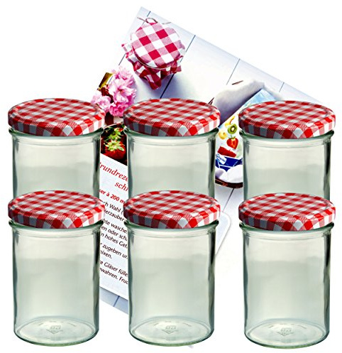 MamboCat 6er Set Sturzglas 435 ml Marmeladenglas Einmachglas Einweckglas to 82 rot Karierter Deckel incl. Diamant-Zucker Gelierzauber Rezeptheft