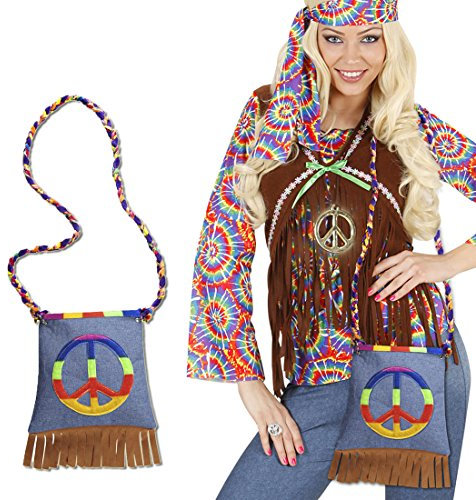 NET TOYS Hippie Tasche Peace Hippietasche 70er Jahre Fransentasche Flower Power Beutel 60er Jahre Damentasche Retro Mottoparty Stofftasche Karneval Kostüm Accessoires Damen