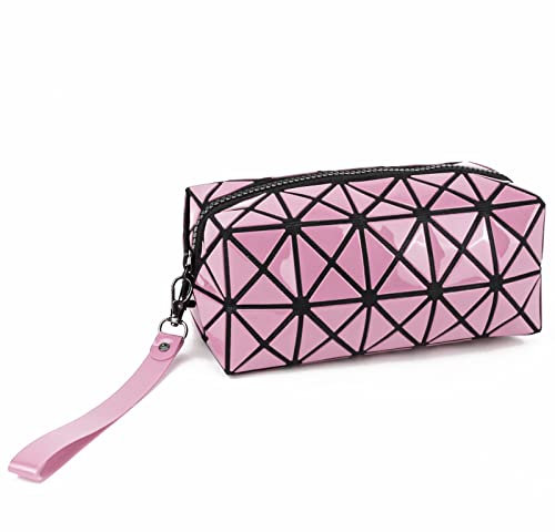 1 x faltbare Make-up-Tasche für Mädchen/Frauen, modische Kunstledertasche mit Rautengitter, für Kosmetikartikel rose