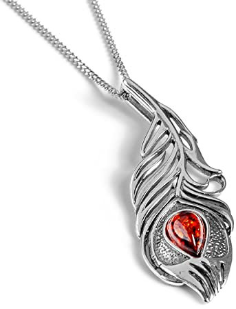 Pfauenfeder Halskette in 925 Sterling Silber Frauen Bohemian Schmuck Statement Halskette Natur Liebhaber Geschenk, Bernstein, Bernstein
