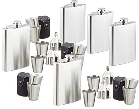 Relaxdays 35 pièces, XXL, Acier Inoxydable, 5 flasques de 200 ML chacune, 20 Verres, 5 entonnoirs, pour Vos vadrouilles, argenté
