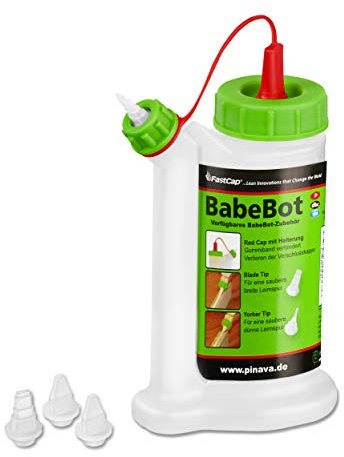 Pinava® Leimflasche - Original BabeBot (ca. 120ml) - Kein Drehen, kein Schütteln & kein Warten - Leimspender für Holzleim Inkl. 4 Spitzen - Sauberes Auftragen & Dosieren - FastCap Pinava Edition