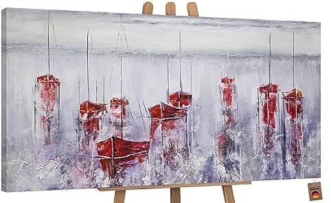 YS-Art Abstrakt Acryl Gemälde auf Leinwand handgemalt Stiller Hafen Wandbilder Wohnzimmer moderne Segelboote im Wasser Wohndekor Bilder echte Kunst 140x70 cm