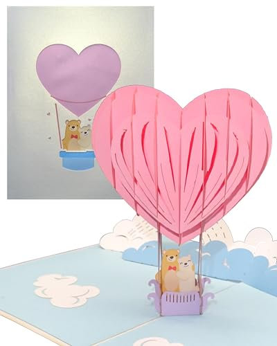 3D Hochzeitskarte mit Umschlag - Pop Up Karte Hochzeit - Ballonfahrt Gutschein, Geschenkverpackung und Valentinskarte