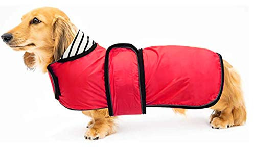 Geyecete Hunde Regenmantel,Einstellbar Wasserdicht Hundejacke für Dackel,Regenmantel mit reflektierenden Trägern,Regenjacken mit Gürtel mit Klettverschluss für Miniaturdackel-Rot-L