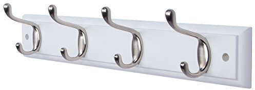 DOKEHOM 4-Satin Nickel Hooks on White Wooden Board Wall Mounted Coat Hook Rack Hanger