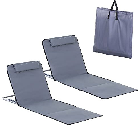 Outsunny Set 2 Sdraio da Spiaggia con Schienale Regolabile su 5 Livelli, Poggiatesta e Borsa da Viaggio, Lettini Spiaggia Pieghevoli in Acciaio e PE, 134x48x33-43 cm, Grigio