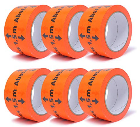 gws Hinweis-Klebeband Abstand halten 1,5 M! Flurorange PVC | Kräftiges Markierungsband in Profi-Qualität | Warnband Paketband | 60 mm x 66 m (6 Rollen)