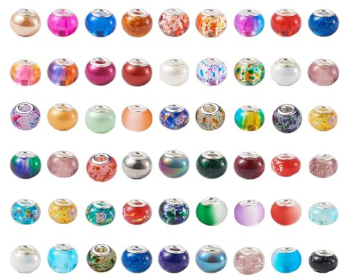 PandaHall 100 Stück Europäische Perlen aus Lampwork und Glas - Großes Loch, Silberfarbener Kern, für Schlangenketten-Charm-Armbänder