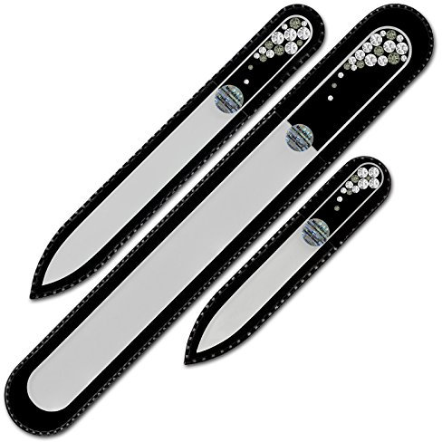 Mont Bleu Set of 3 Crystal Nail Files Hand Decorated with Swarovski Elements, in Black Velvet Sleeve - Genuine Czech Tempered Glass - Hand-Made Glass Nail Files