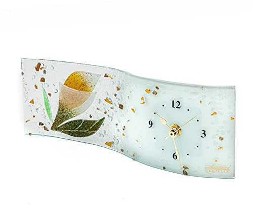 Sospiri Venezia Reloj de Mesa de Vidrio de Murano con Mecanismo Silencioso, Decorado con Diseño Floral Dorado, Hecho a Mano, Idea de Regalo, (30x10 cm)