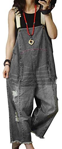 YESNO Women Casual Baggy Dungarees Wide Leg Denim Overalls Distressed Boyfriend Jumpsuits Loose Fit with Pockets M P49UK Black