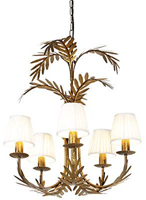 Qazqa - Klassisch I Antik Kronleuchter I Chandelier Gold I Messing mit plissierter Clamp Cap Creme 5-flammig-Licht - Botanica I Wohnzimmer I Schlafzimmer - Stahl Organisch - LED geeignet E14