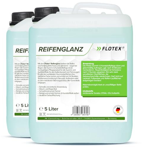 Flotex® 2 x 5L Reifenglanz - Auto Kunststoffpflege & Gummipflege für Außen - Schwarz - Reifenpflege für Reifenglanz - Autoreifen Pflege und Reifen Reiniger - Reifenschwarz Auto